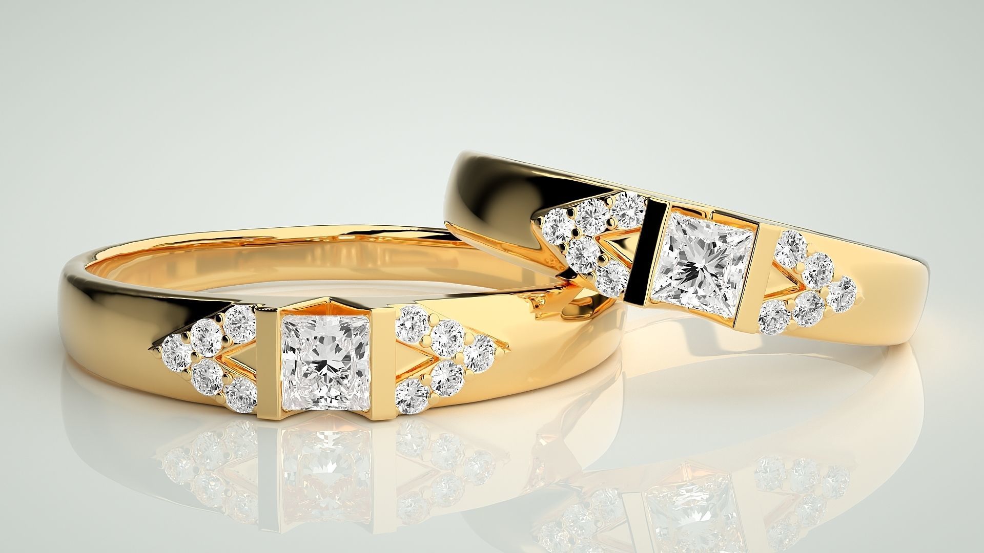 Solitaire Princess Couple Band Ring 3dm stl render detail 3D print model_9