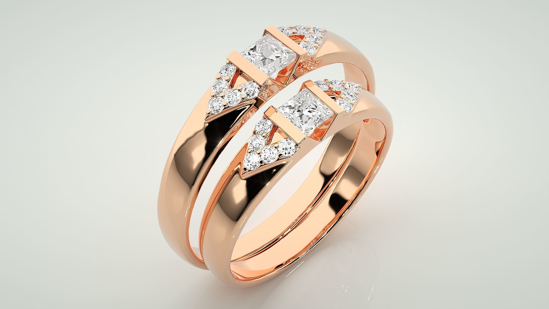 Solitaire Princess Couple Band Ring 3dm stl render detail 3D print model_4