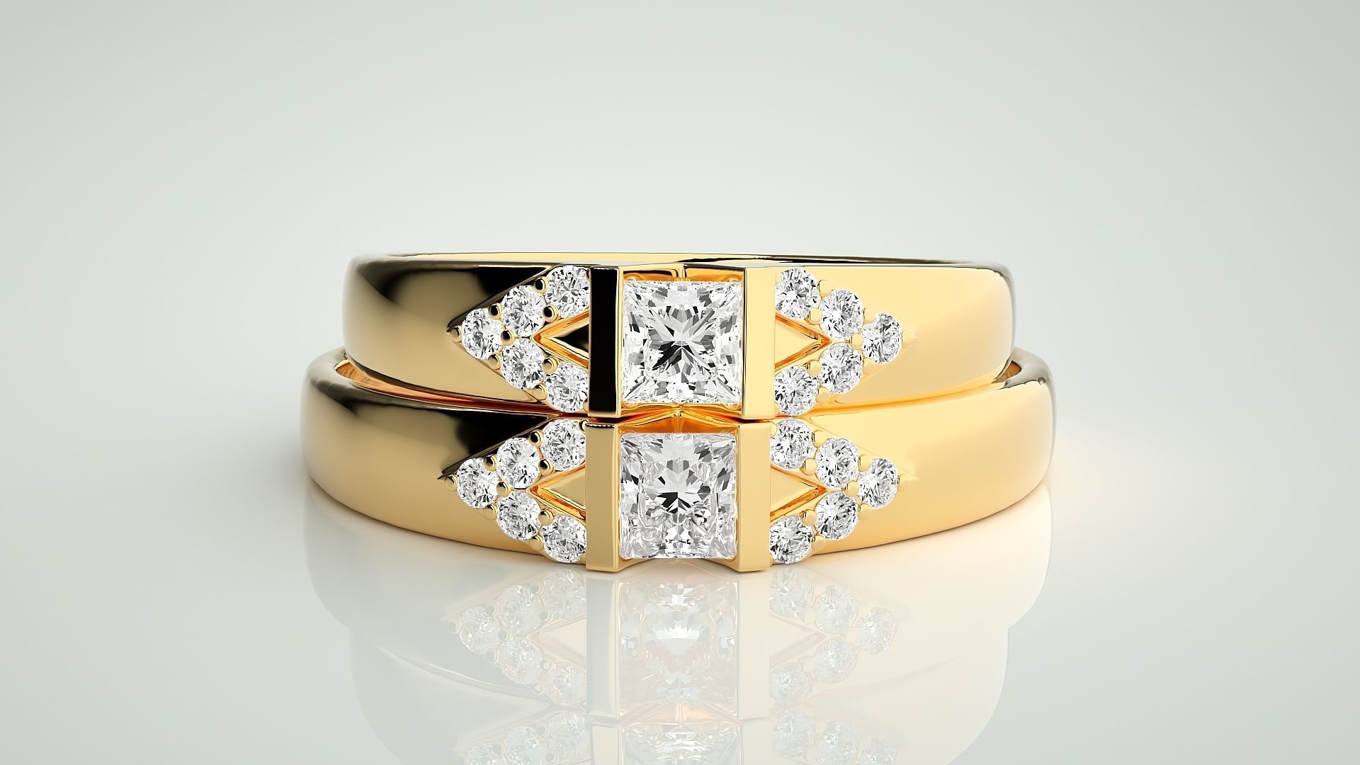 Solitaire Princess Couple Band Ring 3dm stl render detail 3D print model_11