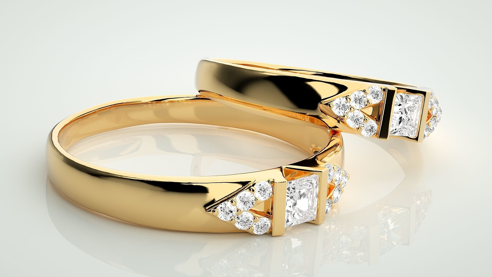 Solitaire Princess Couple Band Ring 3dm stl render detail 3D print model_10