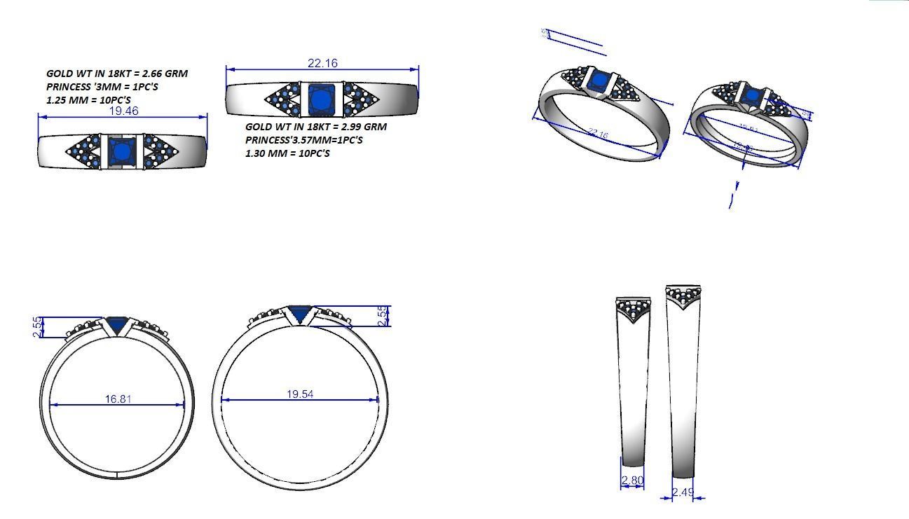Solitaire Princess Couple Band Ring 3dm stl render detail 3D print model_3