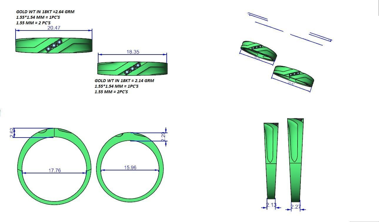Tri-Diamond Couple Band Ring 3dm stl render detail  3D print model_3