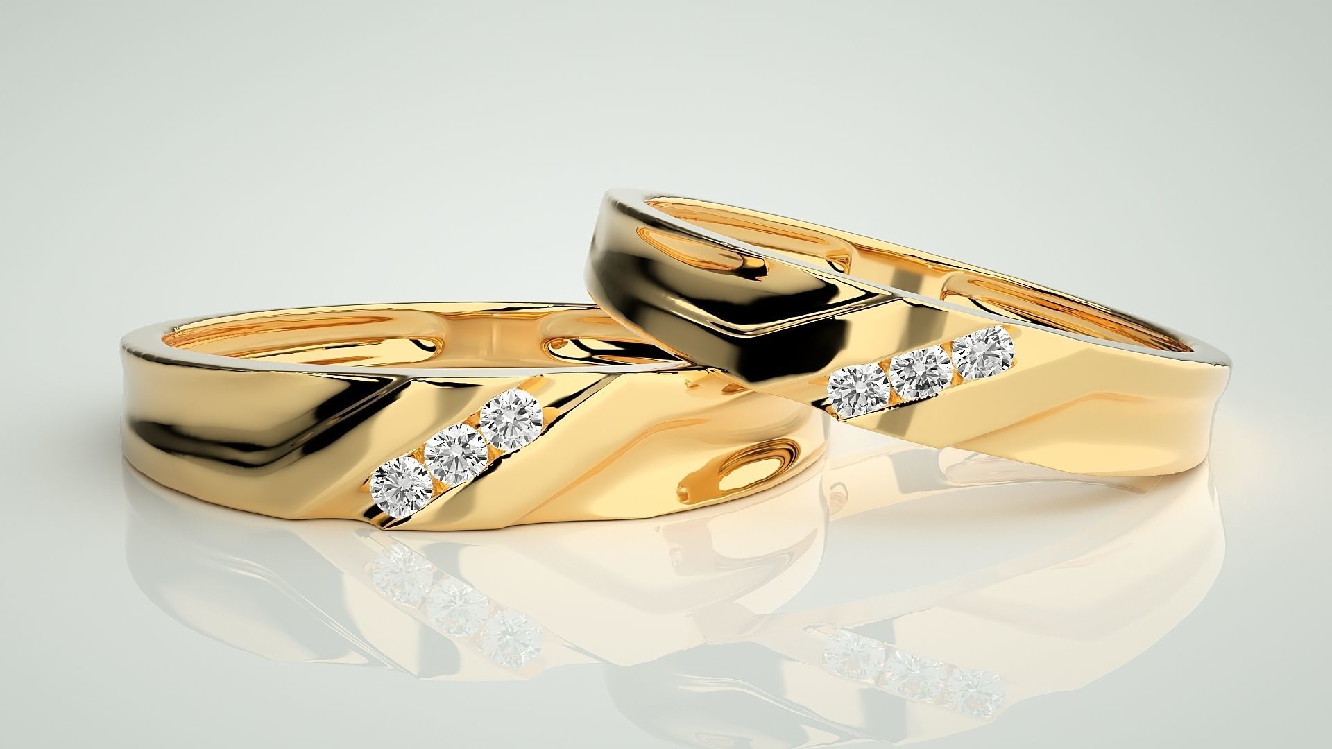 Tri-Diamond Couple Band Ring 3dm stl render detail  3D print model_9