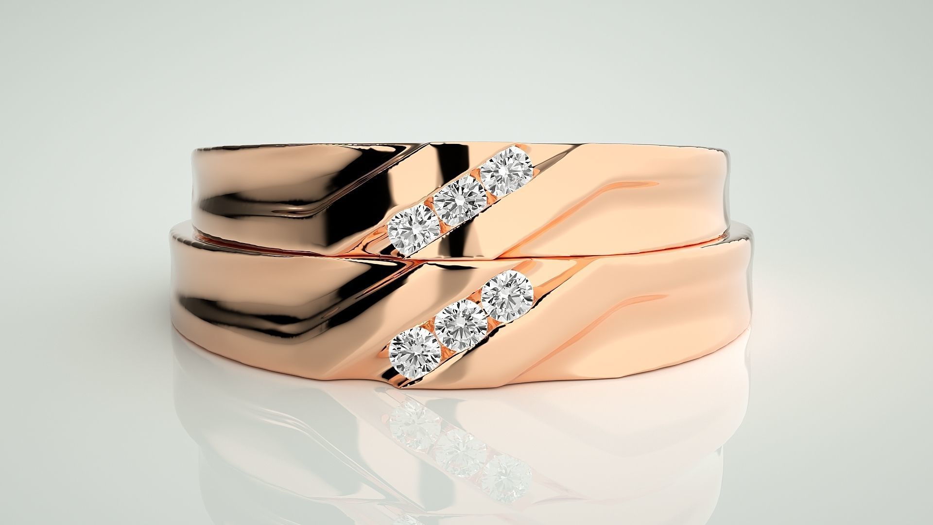 Tri-Diamond Couple Band Ring 3dm stl render detail  3D print model_2