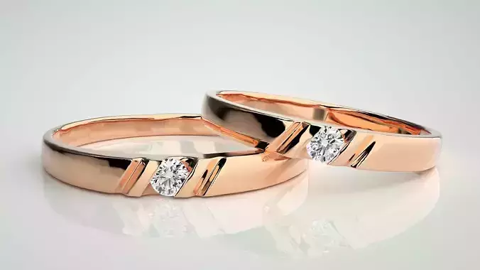 Solitaire Couple Band Ring 3dm stl render detail