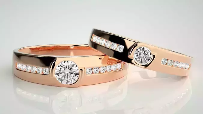 Solitaire Couple Band Ring 3dm stl render detail 