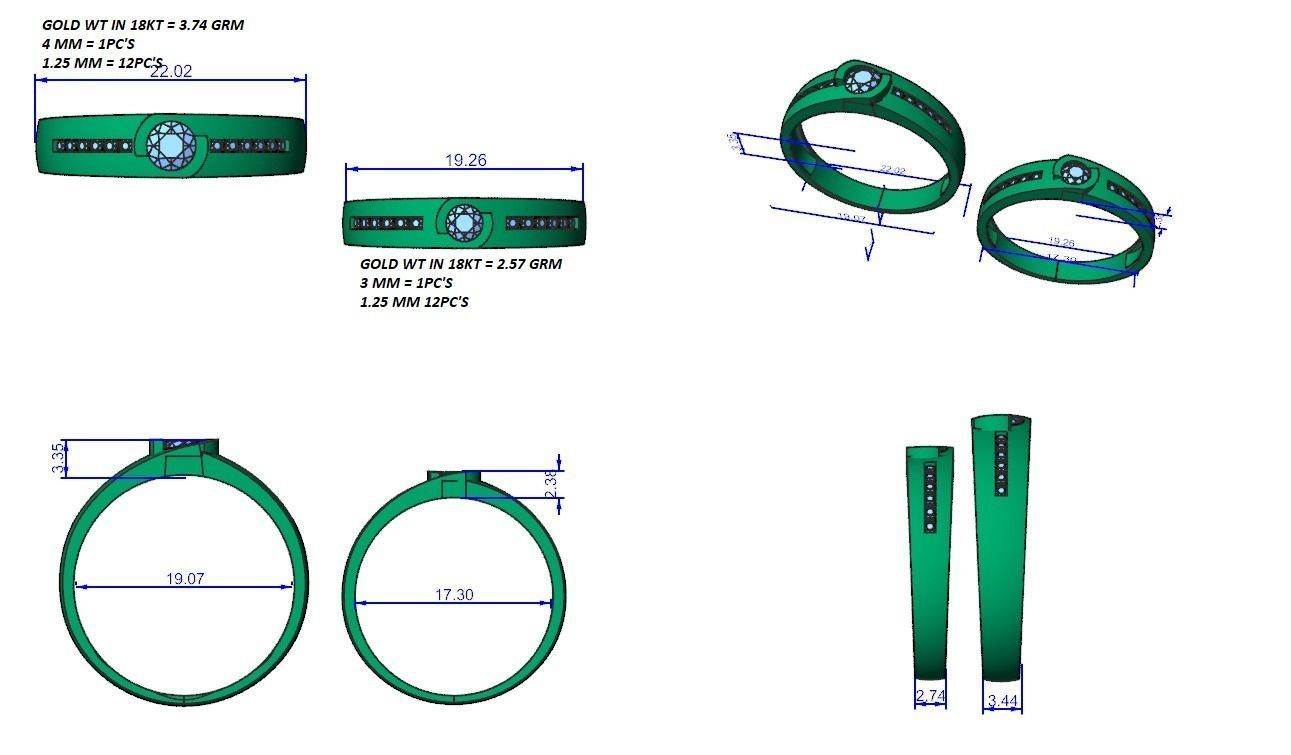 Solitaire Couple Band Ring 3dm stl render detail 3D print model_3