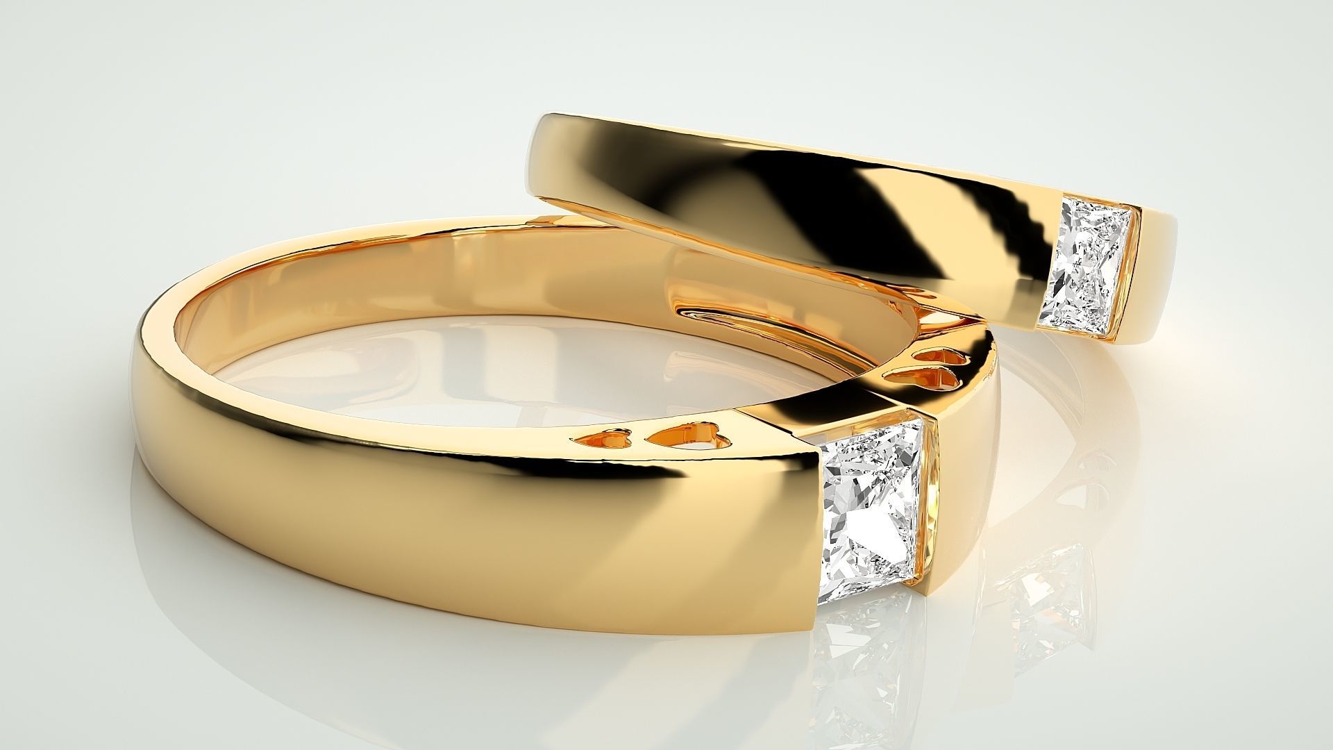 Princess Solitaire Couple Band Ring 3dm stl render detail 3D print model_10