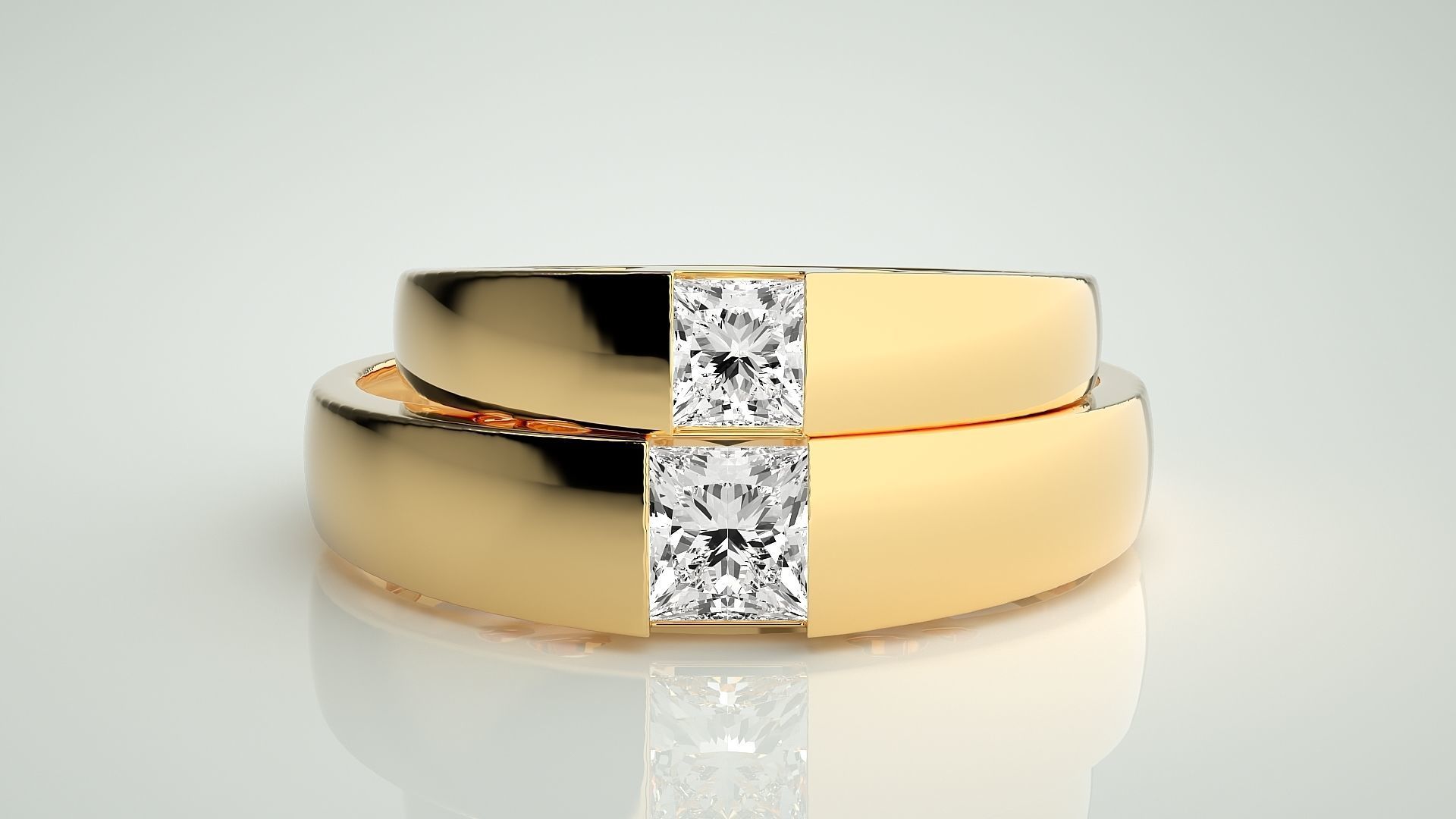 Princess Solitaire Couple Band Ring 3dm stl render detail 3D print model_11