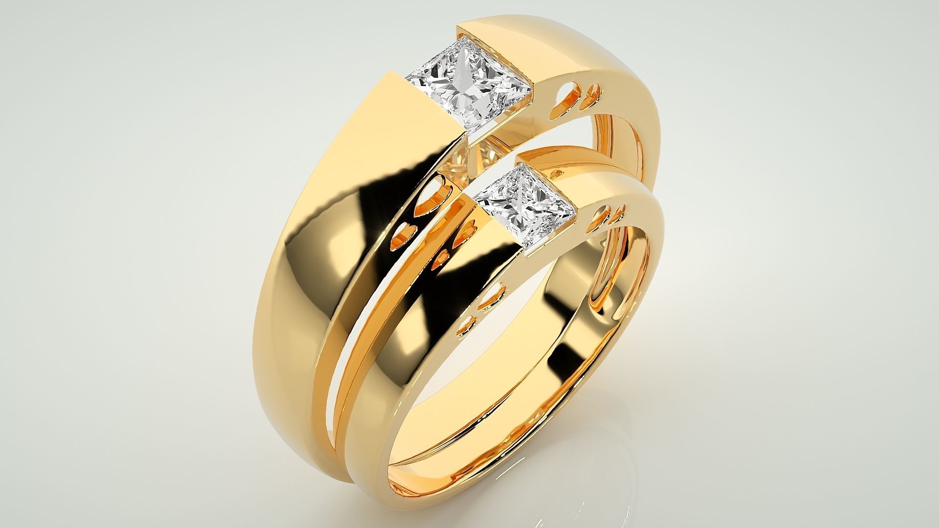Princess Solitaire Couple Band Ring 3dm stl render detail 3D print model_12