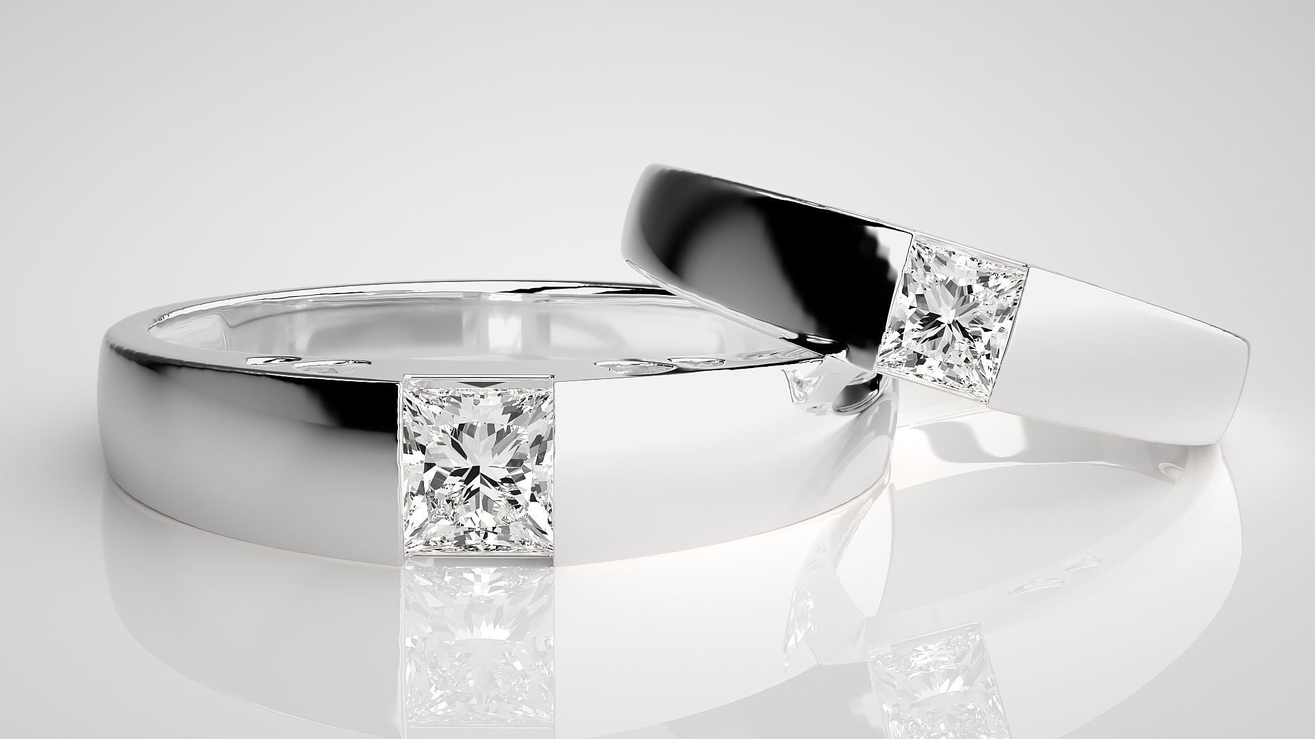 Princess Solitaire Couple Band Ring 3dm stl render detail 3D print model_5