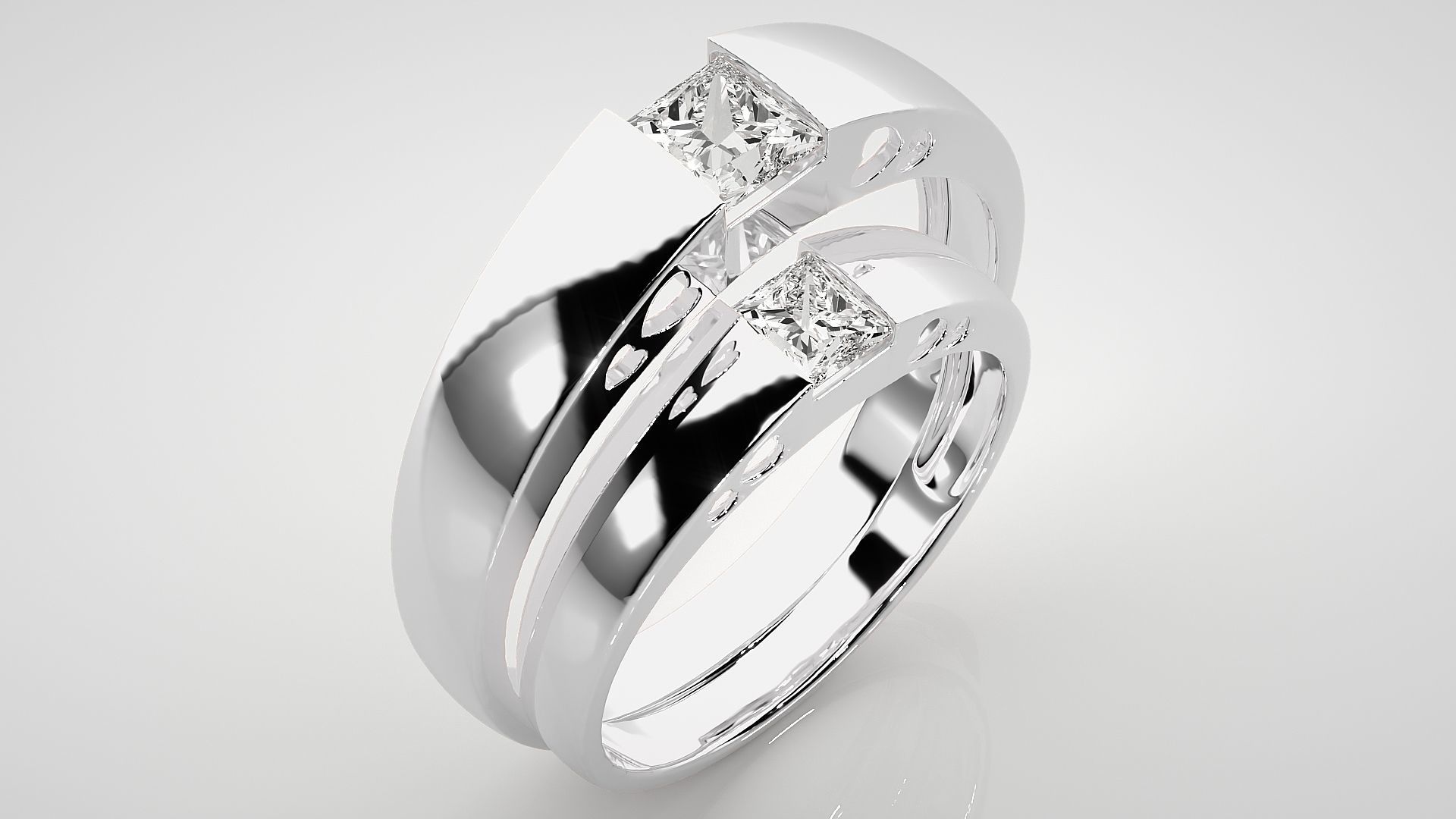Princess Solitaire Couple Band Ring 3dm stl render detail 3D print model_8