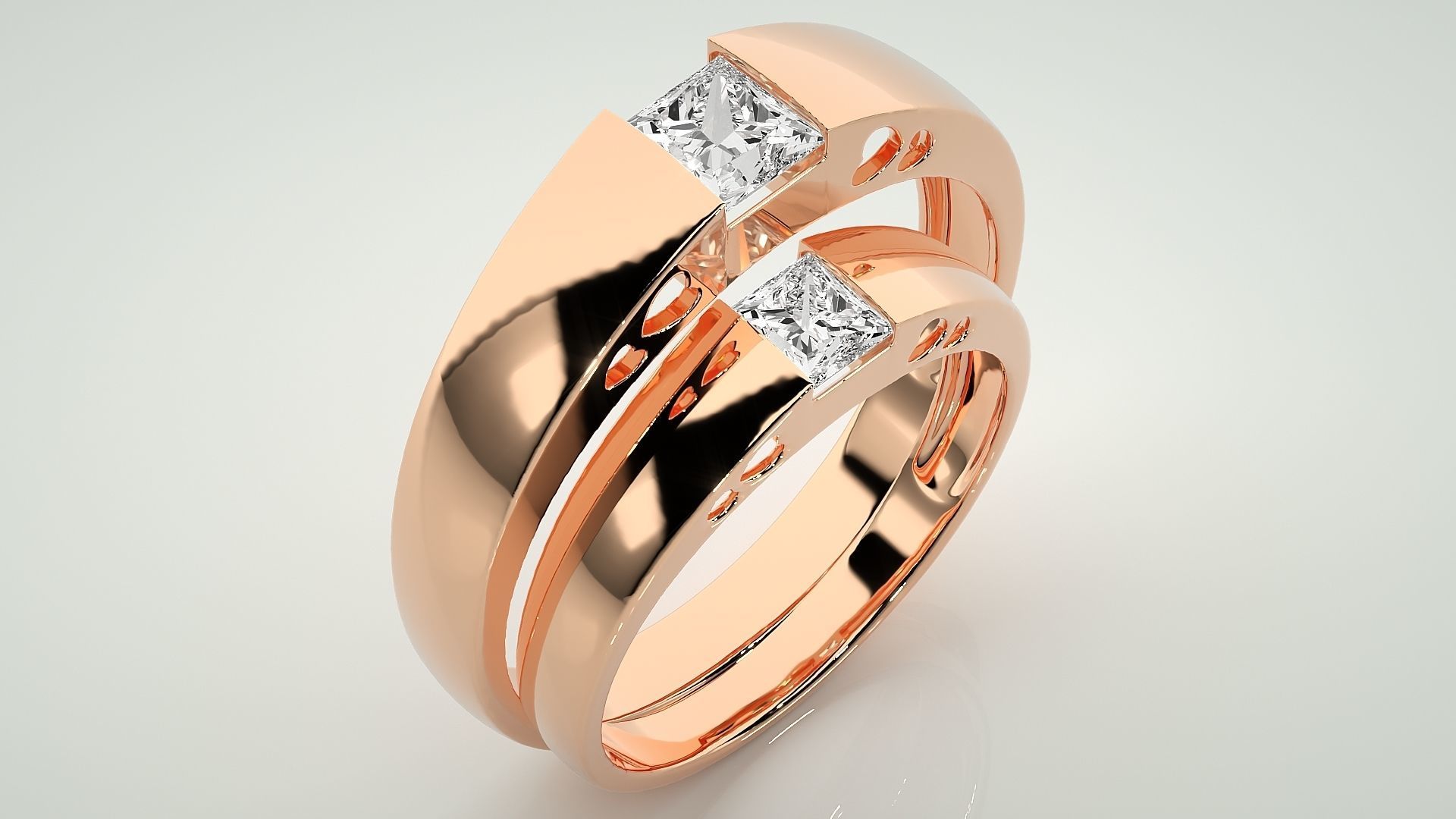 Princess Solitaire Couple Band Ring 3dm stl render detail 3D print model_4