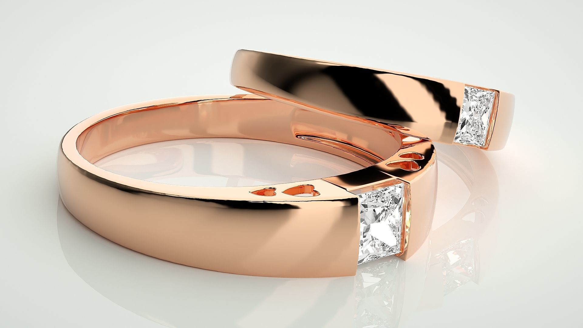 Princess Solitaire Couple Band Ring 3dm stl render detail 3D print model_1