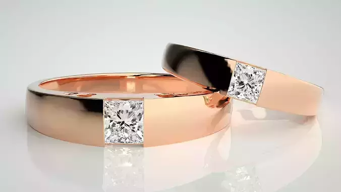 Princess Solitaire Couple Band Ring 3dm stl render detail 3D print model Princess Solitaire Couple Band Ring 3dm stl render detail 3D print model