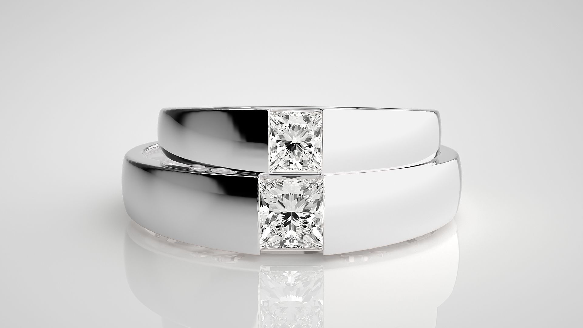 Princess Solitaire Couple Band Ring 3dm stl render detail 3D print model_7