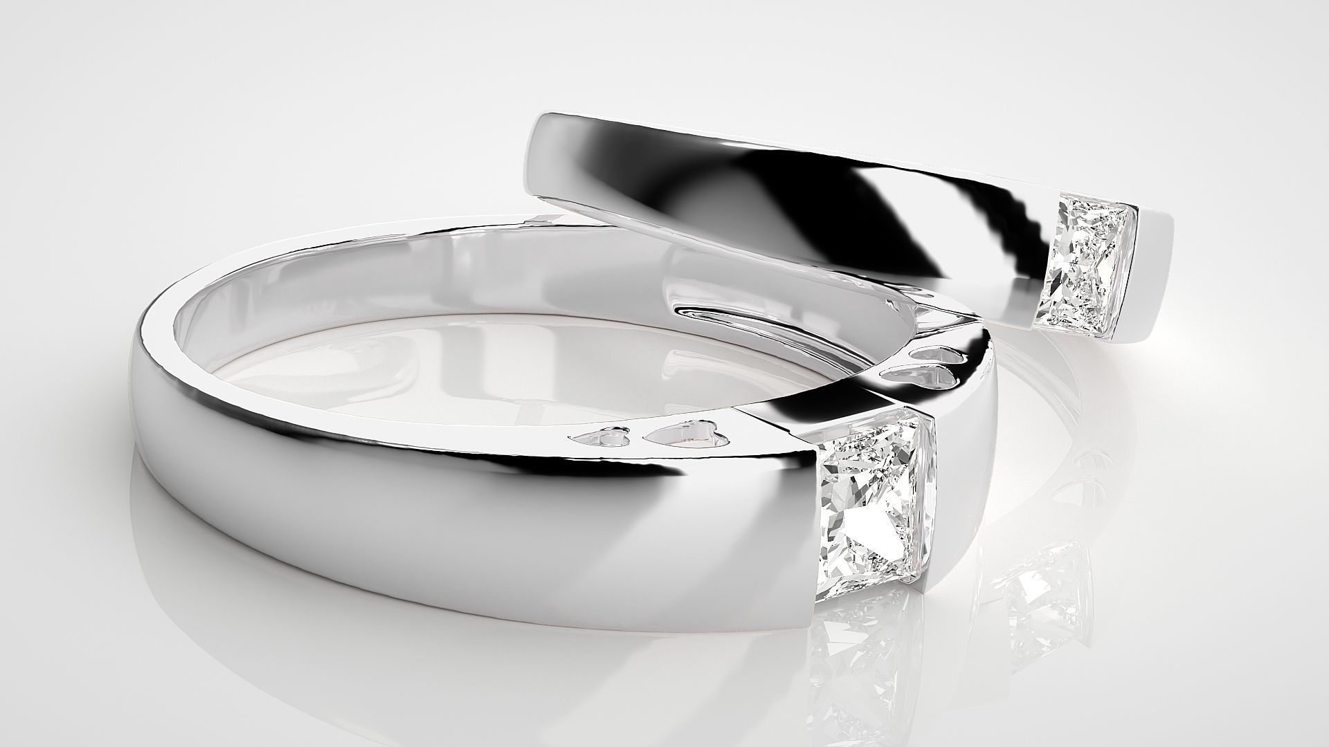 Princess Solitaire Couple Band Ring 3dm stl render detail 3D print model_6