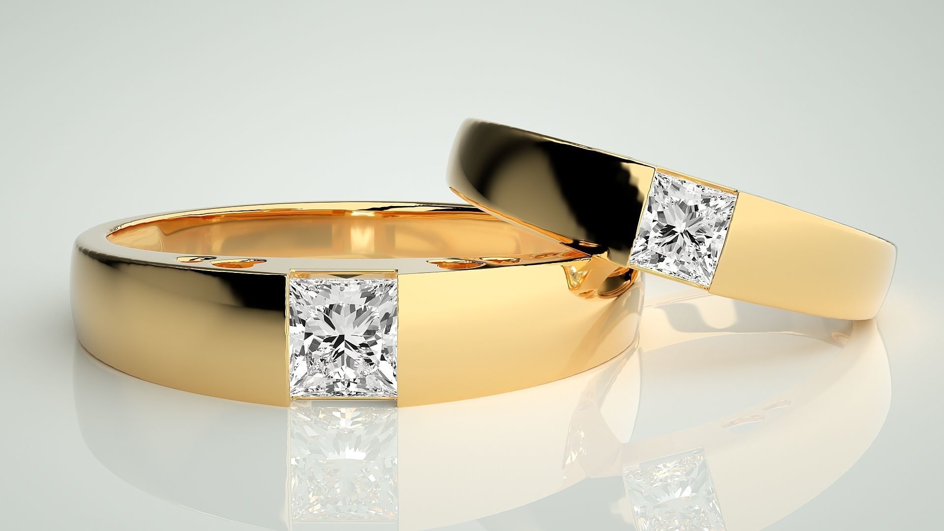 Princess Solitaire Couple Band Ring 3dm stl render detail 3D print model_9