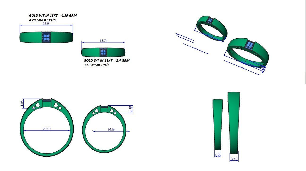Princess Solitaire Couple Band Ring 3dm stl render detail 3D print model_3