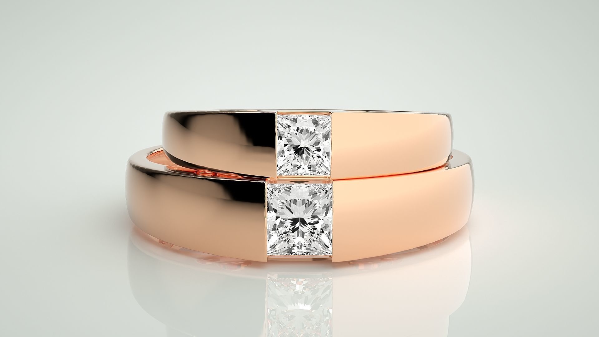 Princess Solitaire Couple Band Ring 3dm stl render detail 3D print model_2