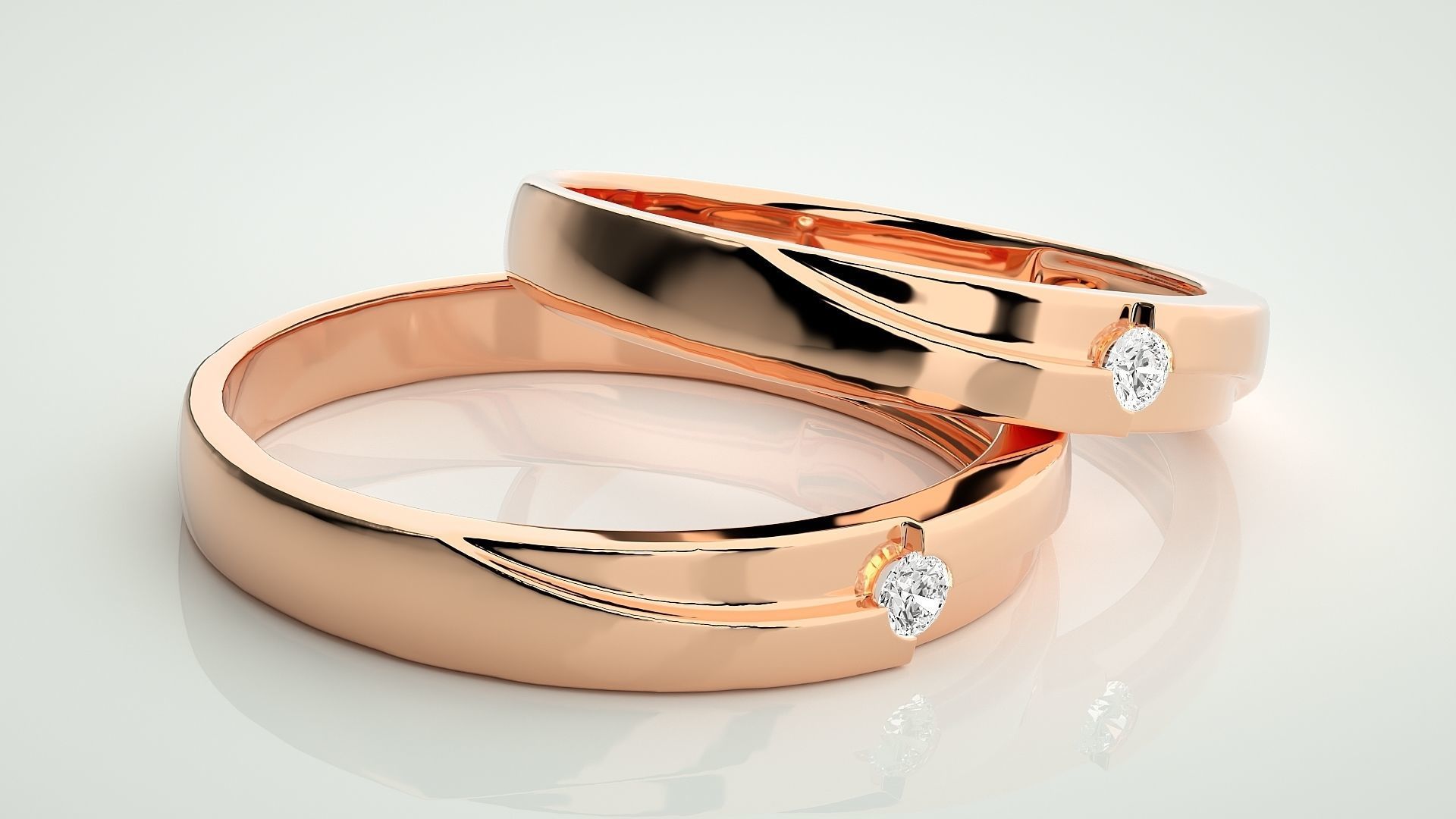Solitaire Wave Couple Band Ring 3dm stl render detail 3D print model_1