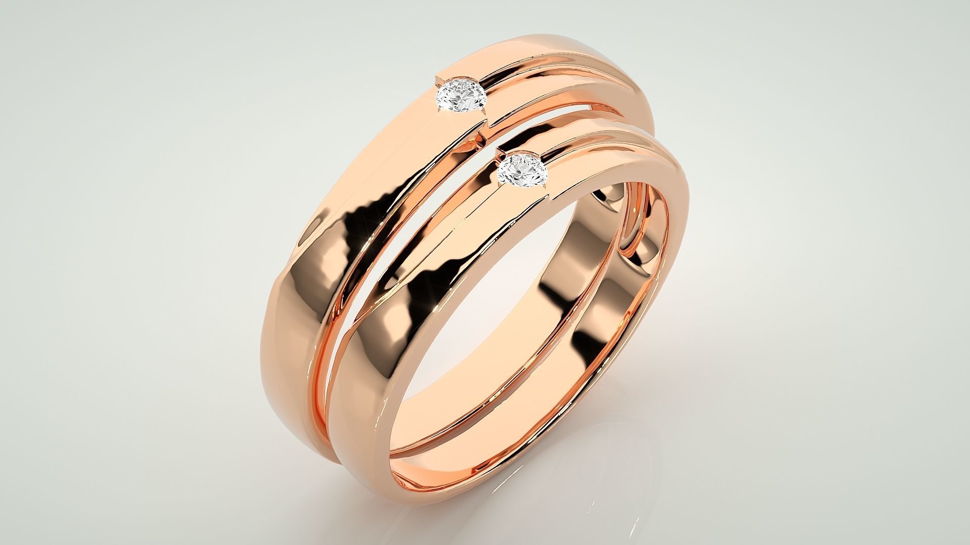 Solitaire Wave Couple Band Ring 3dm stl render detail 3D print model_4