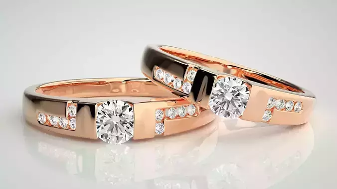Solitaire Couple Band Ring 3dm stl render detail