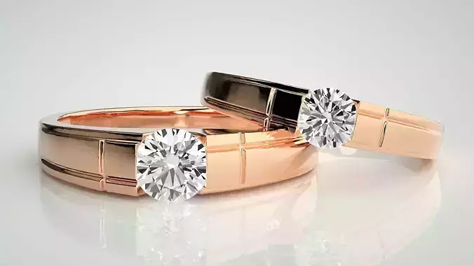 Solitaire Couple Band Ring 3dm stl render detail