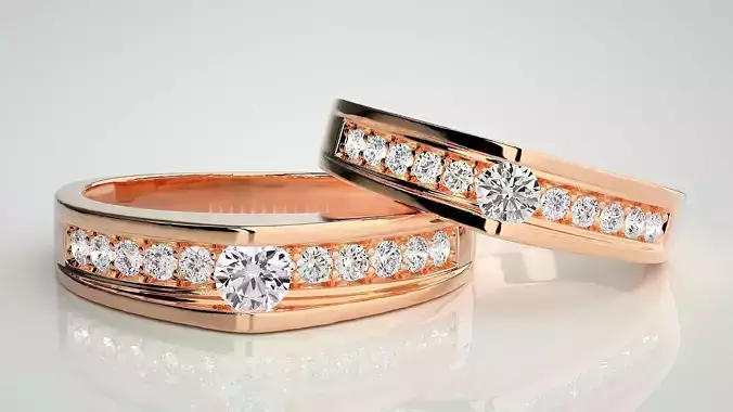 Solitaire Couple Band Ring 3dm stl render detail