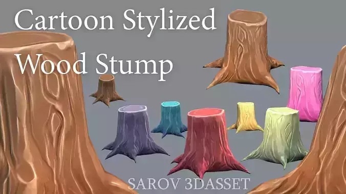 Stylized Cartoon Wood Stump Color PACK Lowpoly For Game