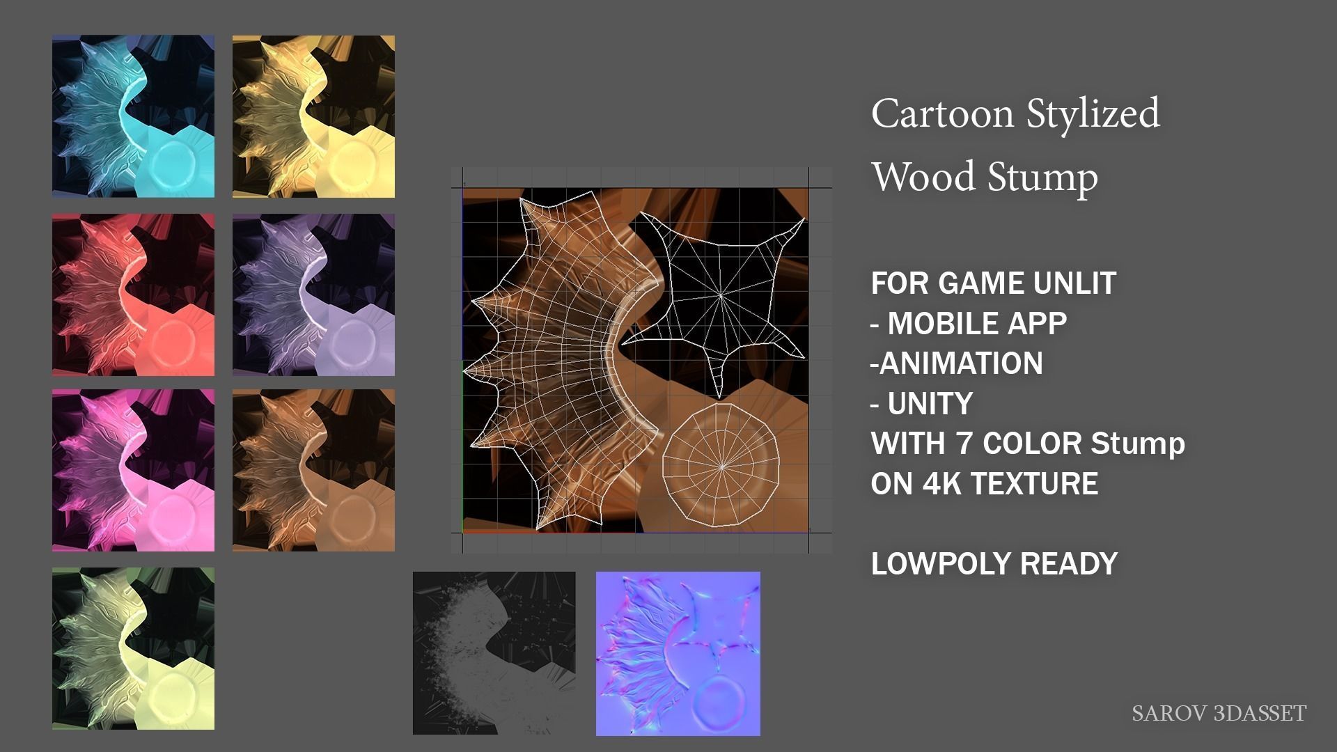 Stylized Cartoon Wood Stump Color PACK Lowpoly For Game Low-poly 3D model_3