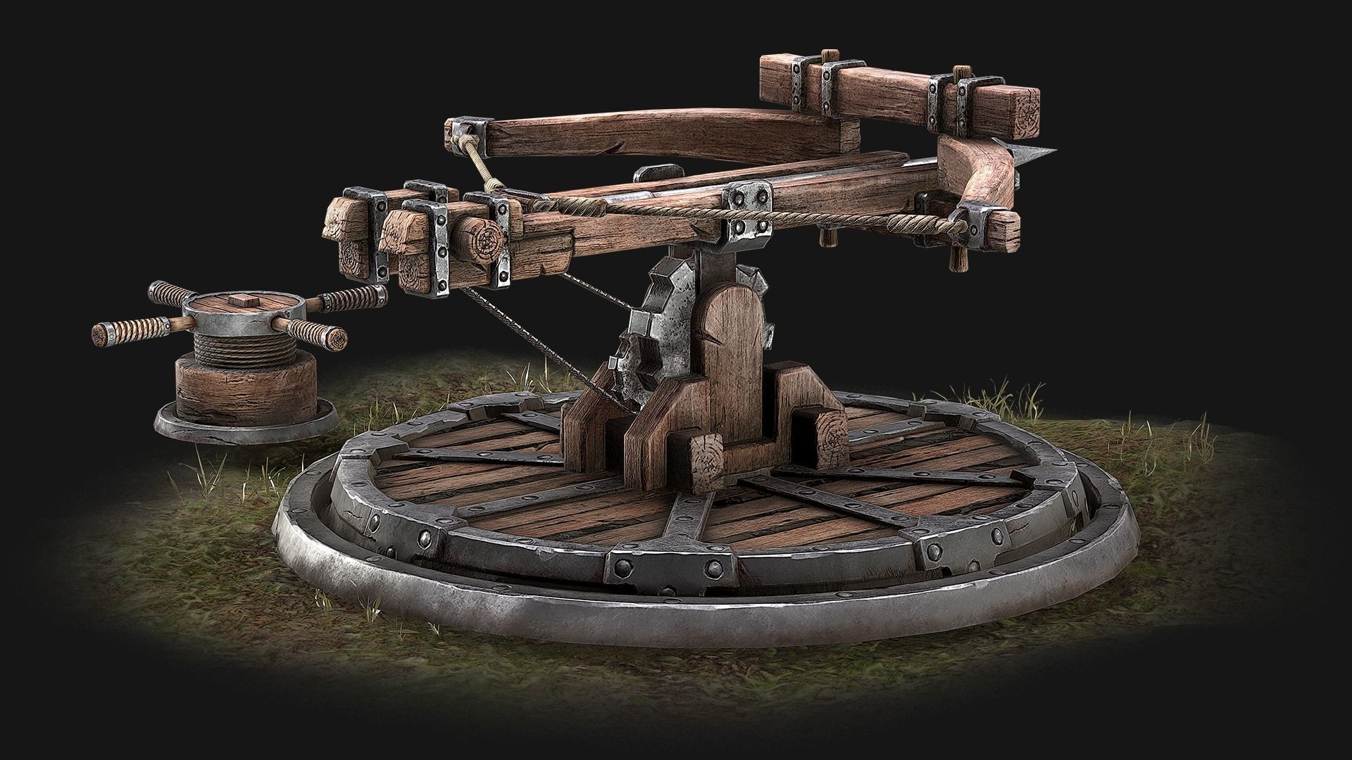 Ballista wooden structure with wheel Low-poly 3D model_7