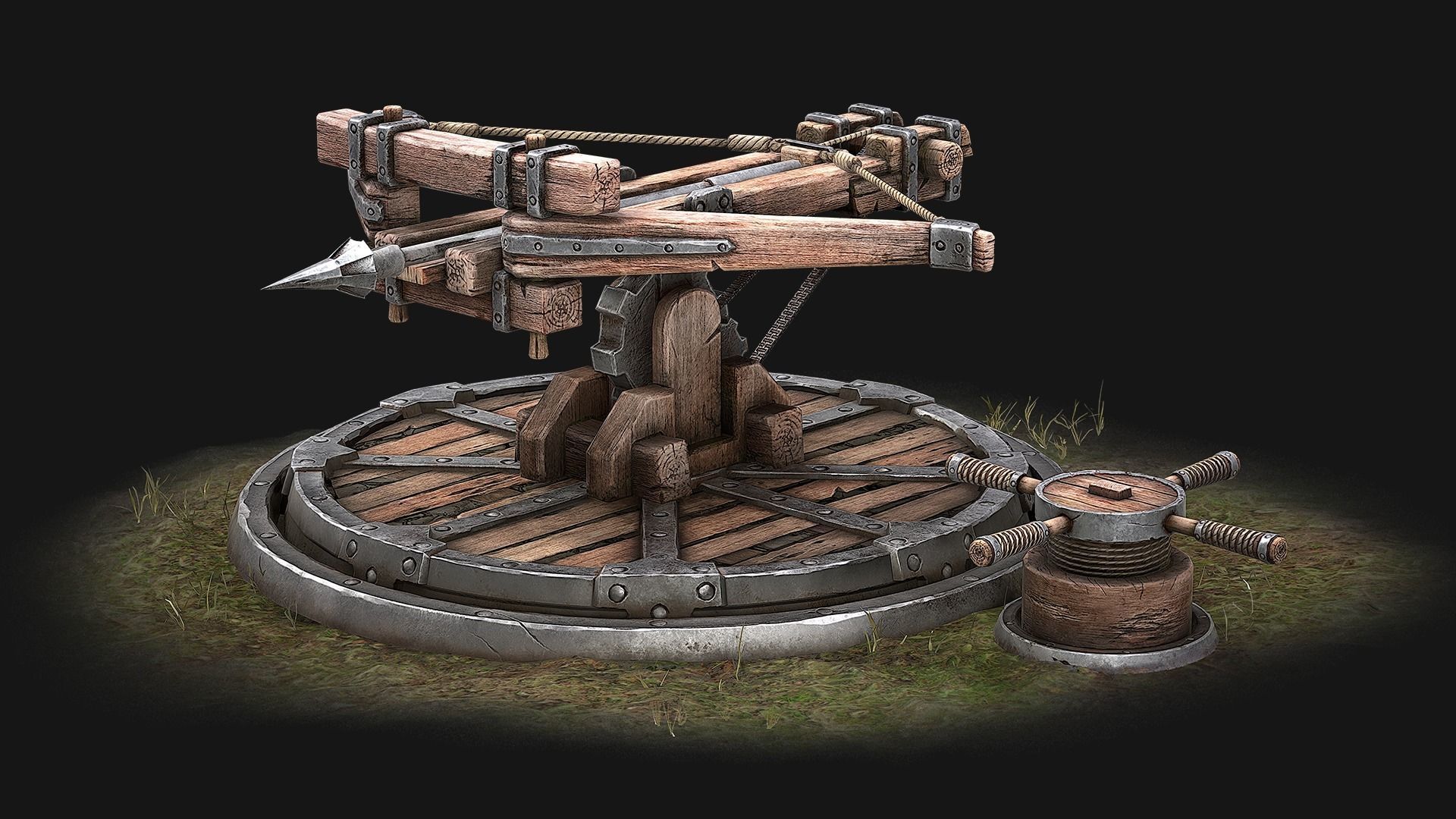 Ballista wooden structure with wheel Low-poly 3D model_1