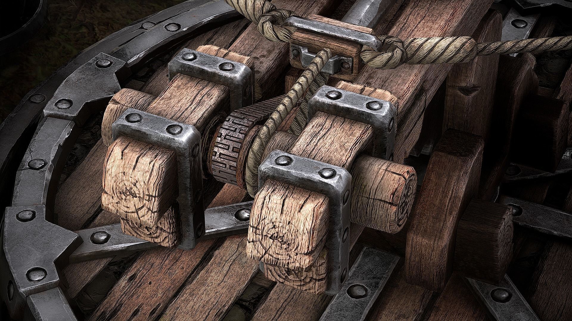 Ballista wooden structure with wheel Low-poly 3D model_10