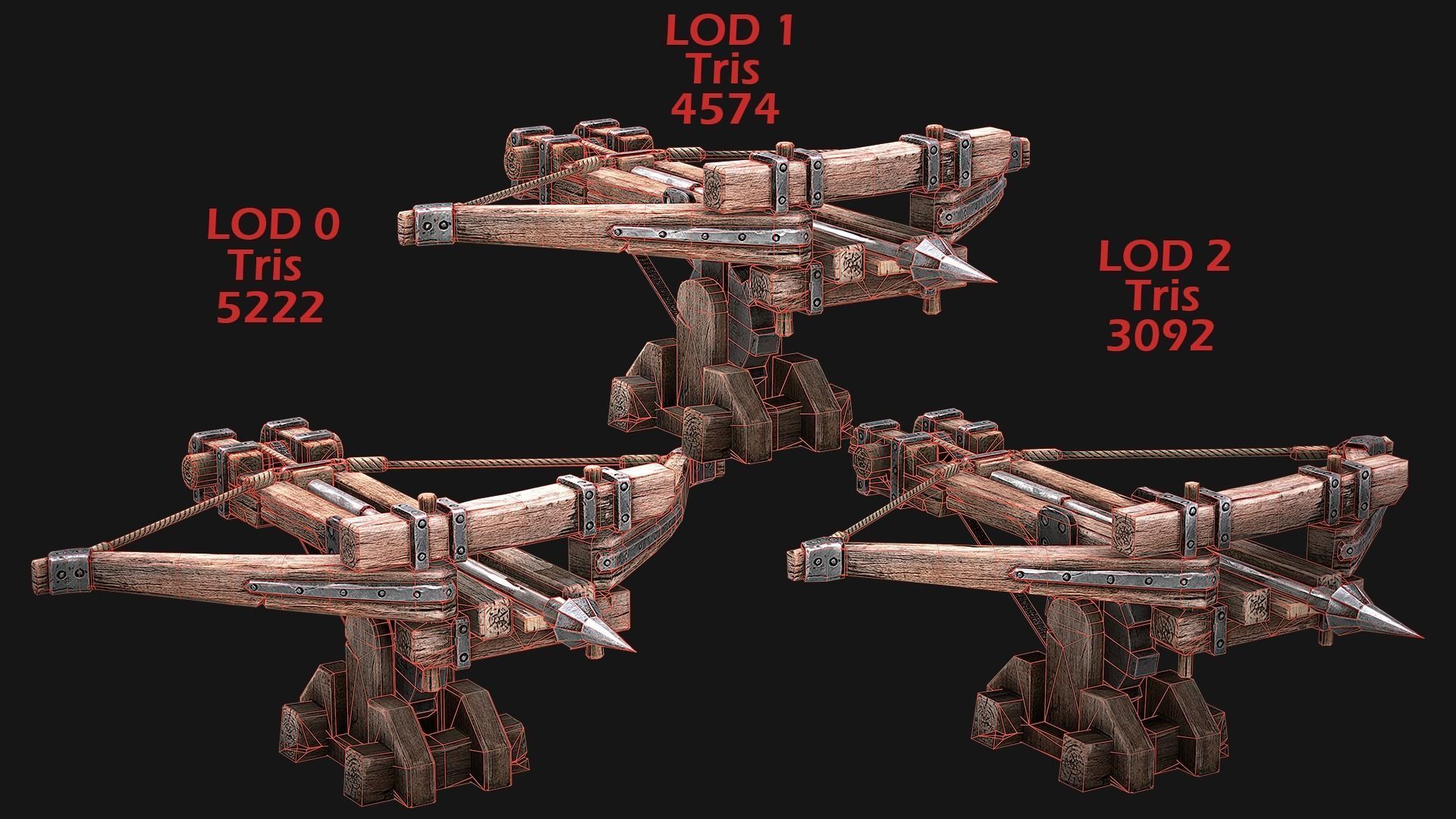 Ballista wooden structure with wheel Low-poly 3D model_12