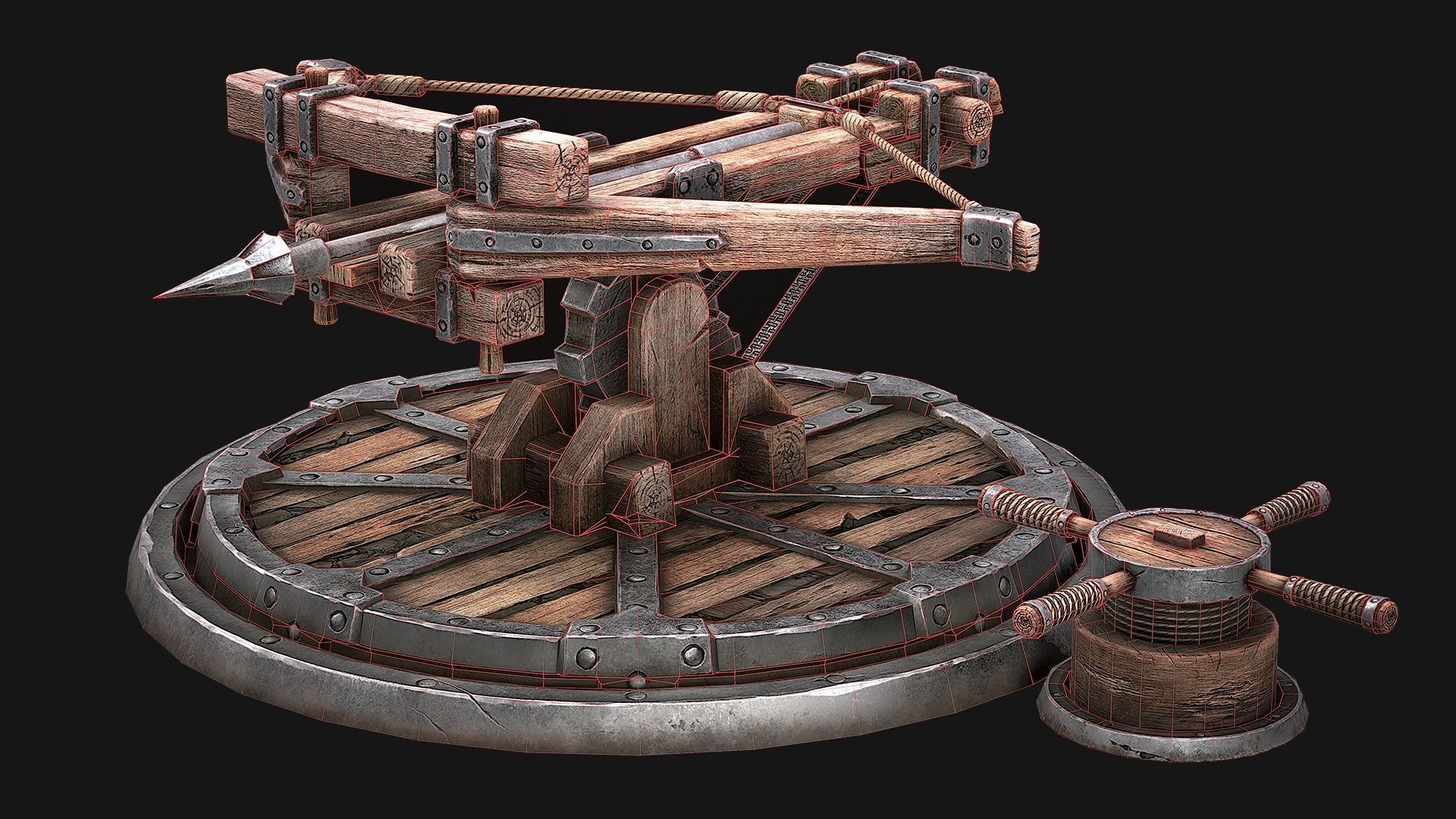 Ballista wooden structure with wheel Low-poly 3D model_11