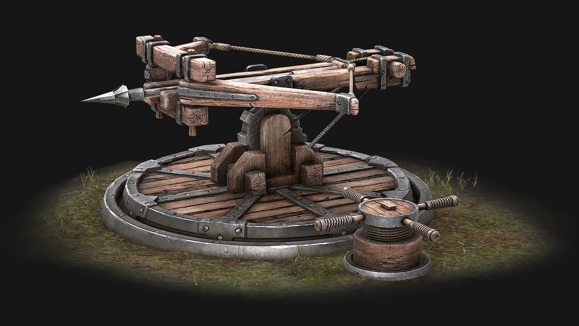 Ballista wooden structure with wheel Low-poly 3D model_2