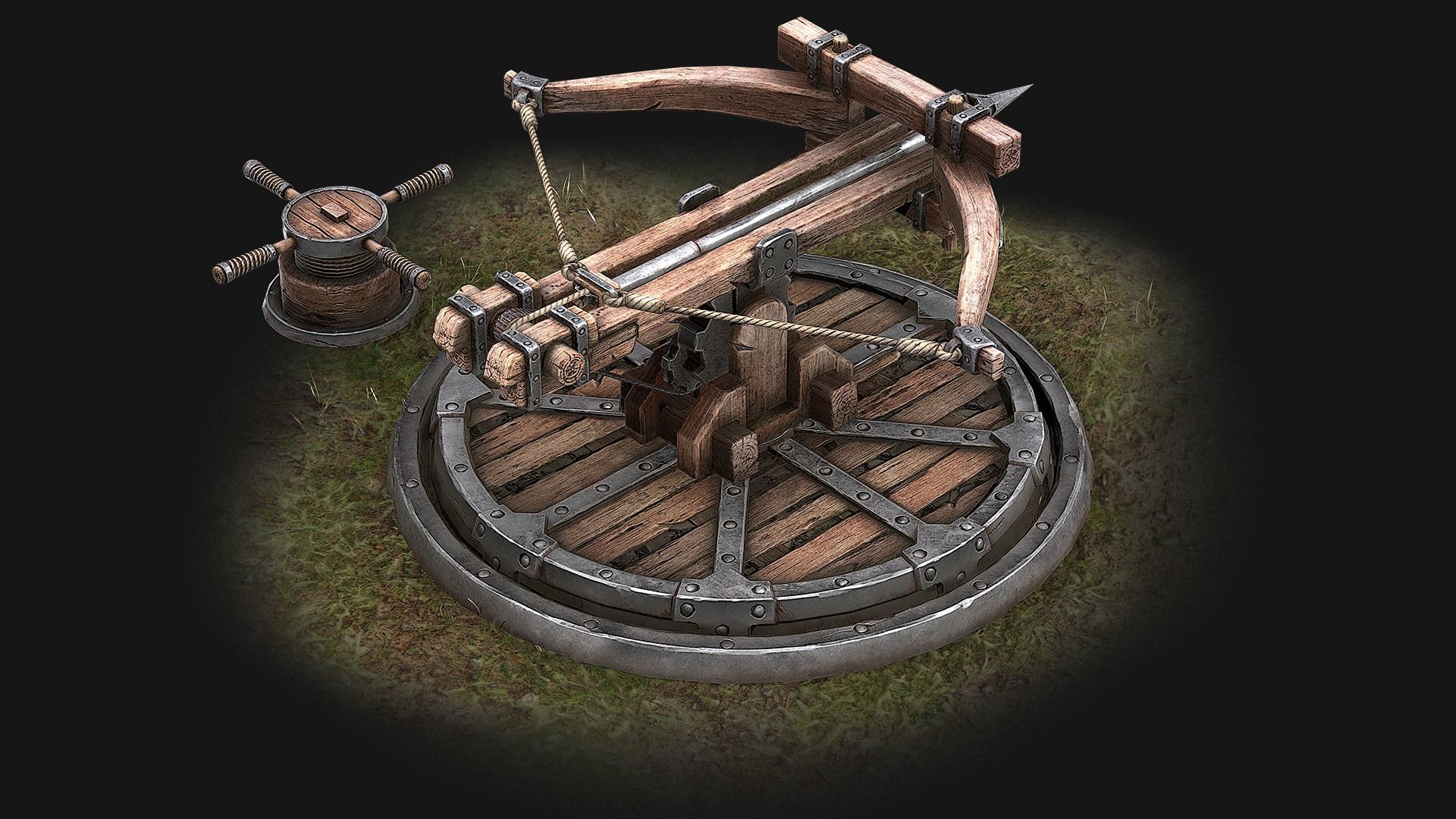 Ballista wooden structure with wheel Low-poly 3D model_6