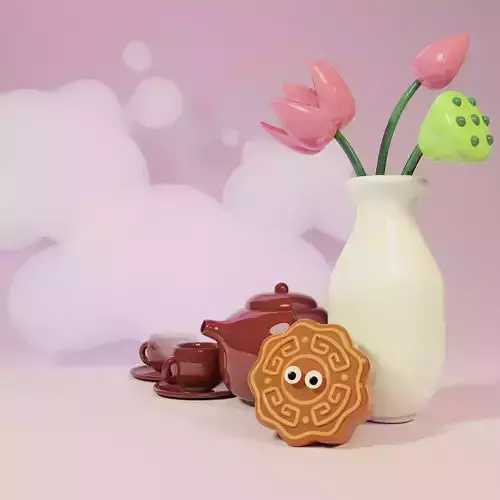 3D Moon Cake and Lotus Vase with Tea Pot and Cloud