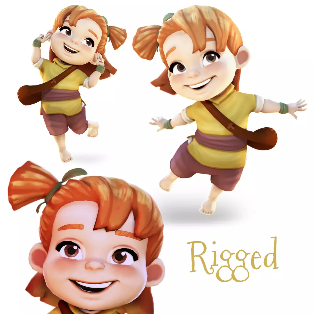Cartoon Girl Rigged Pompom Low-poly 3D model_0