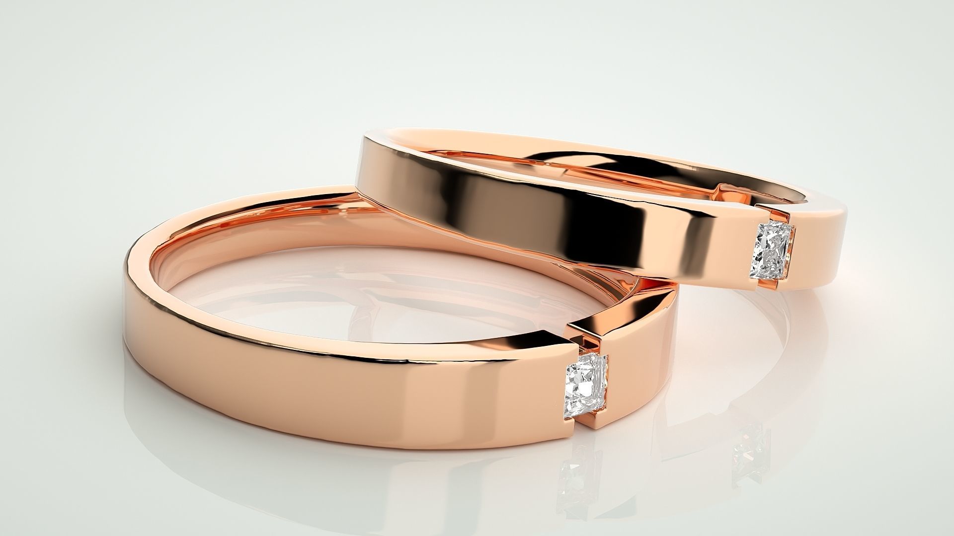 Princess Solitaire Couple Band Ring 3dm stl render detail 3D print model_1