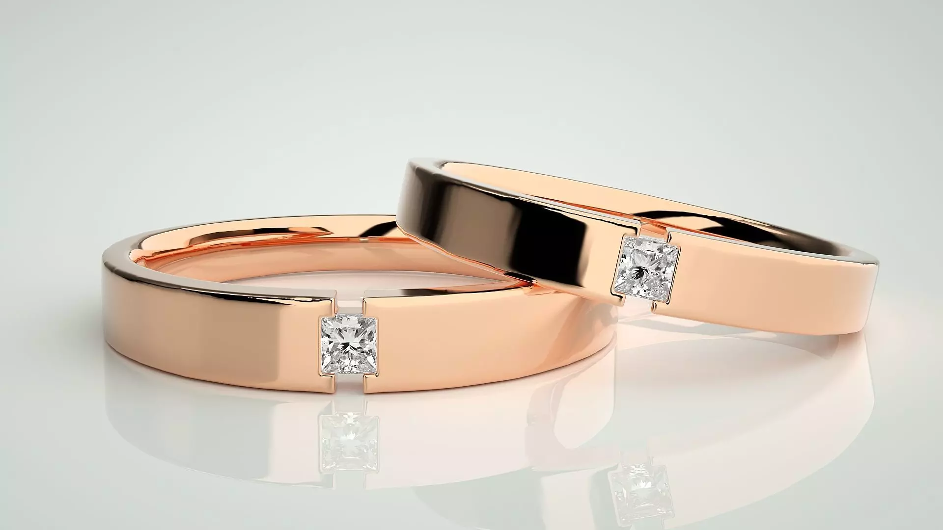 Princess Solitaire Couple Band Ring 3dm stl render detail 3D print model_0