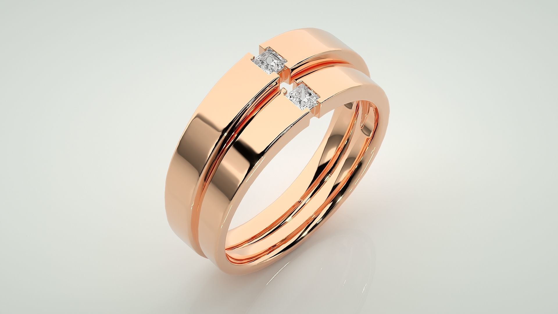 Princess Solitaire Couple Band Ring 3dm stl render detail 3D print model_3