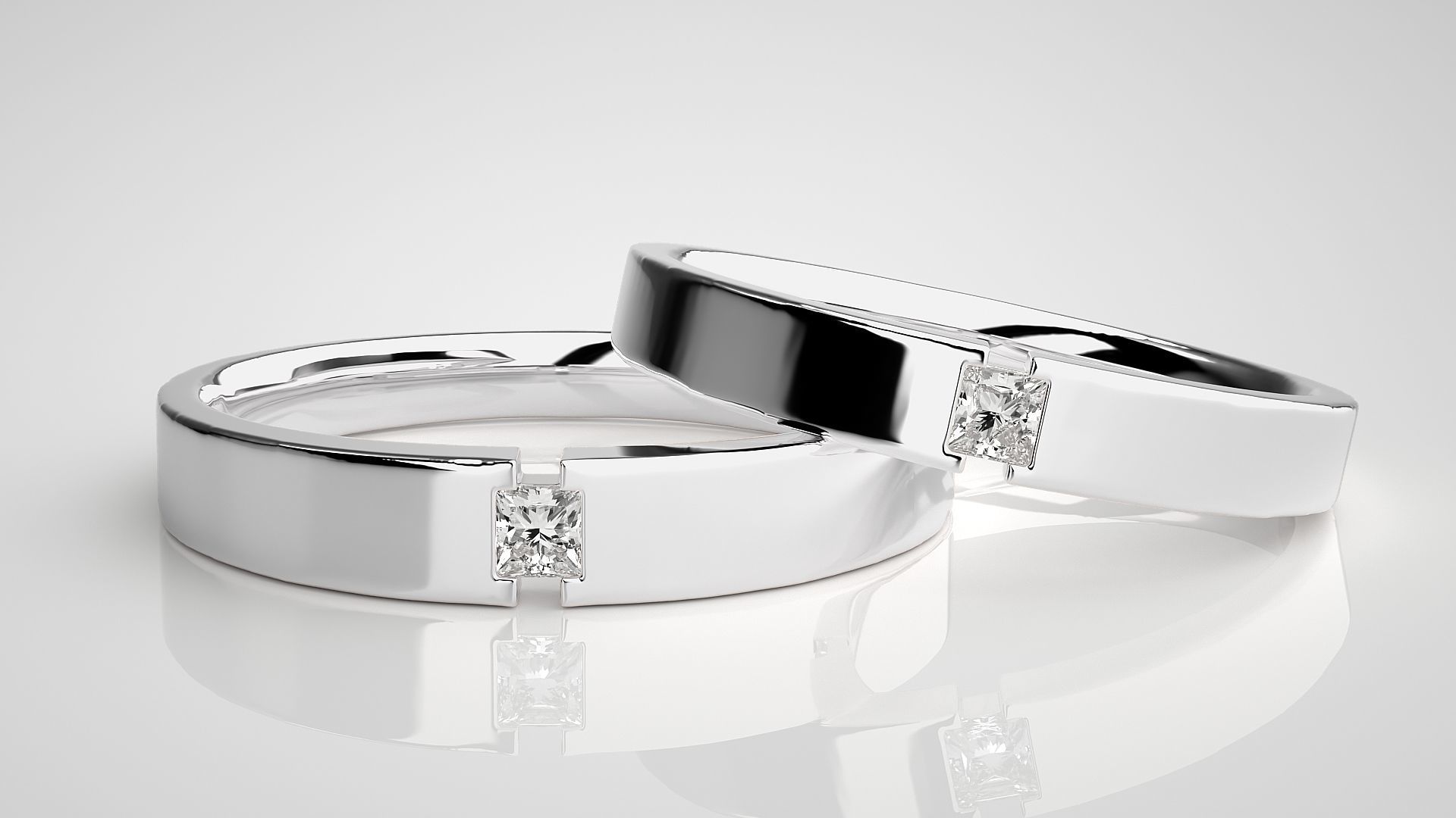 Princess Solitaire Couple Band Ring 3dm stl render detail 3D print model_4