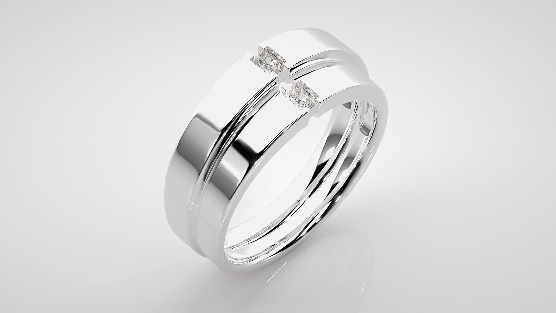 Princess Solitaire Couple Band Ring 3dm stl render detail 3D print model_8
