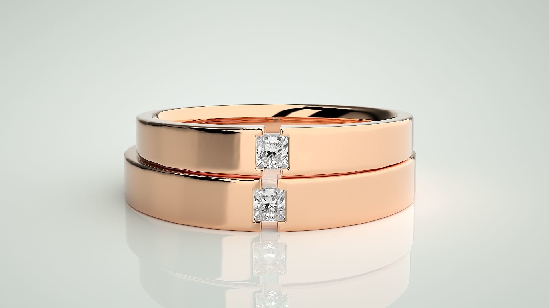 Princess Solitaire Couple Band Ring 3dm stl render detail 3D print model_2