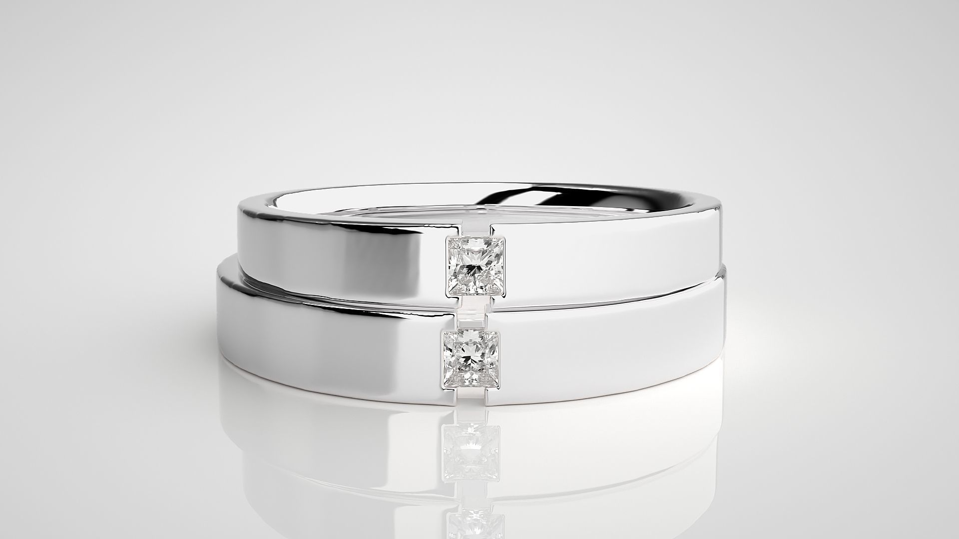 Princess Solitaire Couple Band Ring 3dm stl render detail 3D print model_7