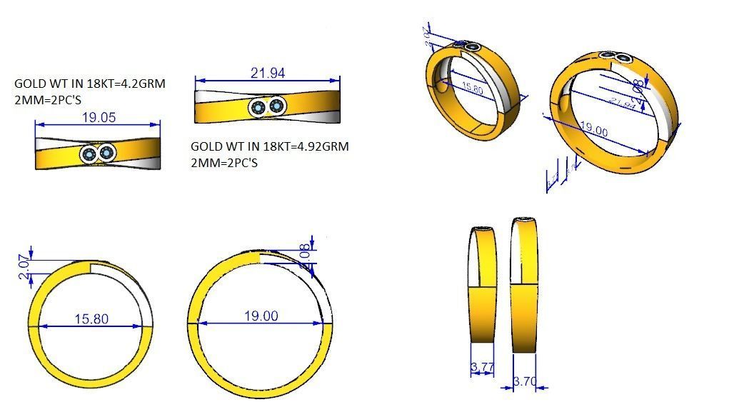 Bi-Diamond Couple Band Ring 3dm stl render detail  3D print model_3