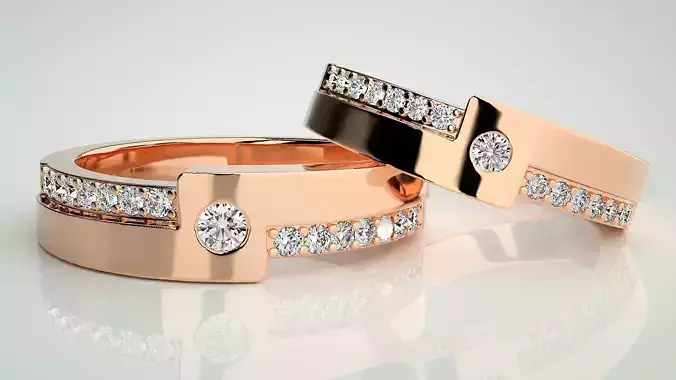 Solitaire Couple Band Ring 3dm stl render detail 