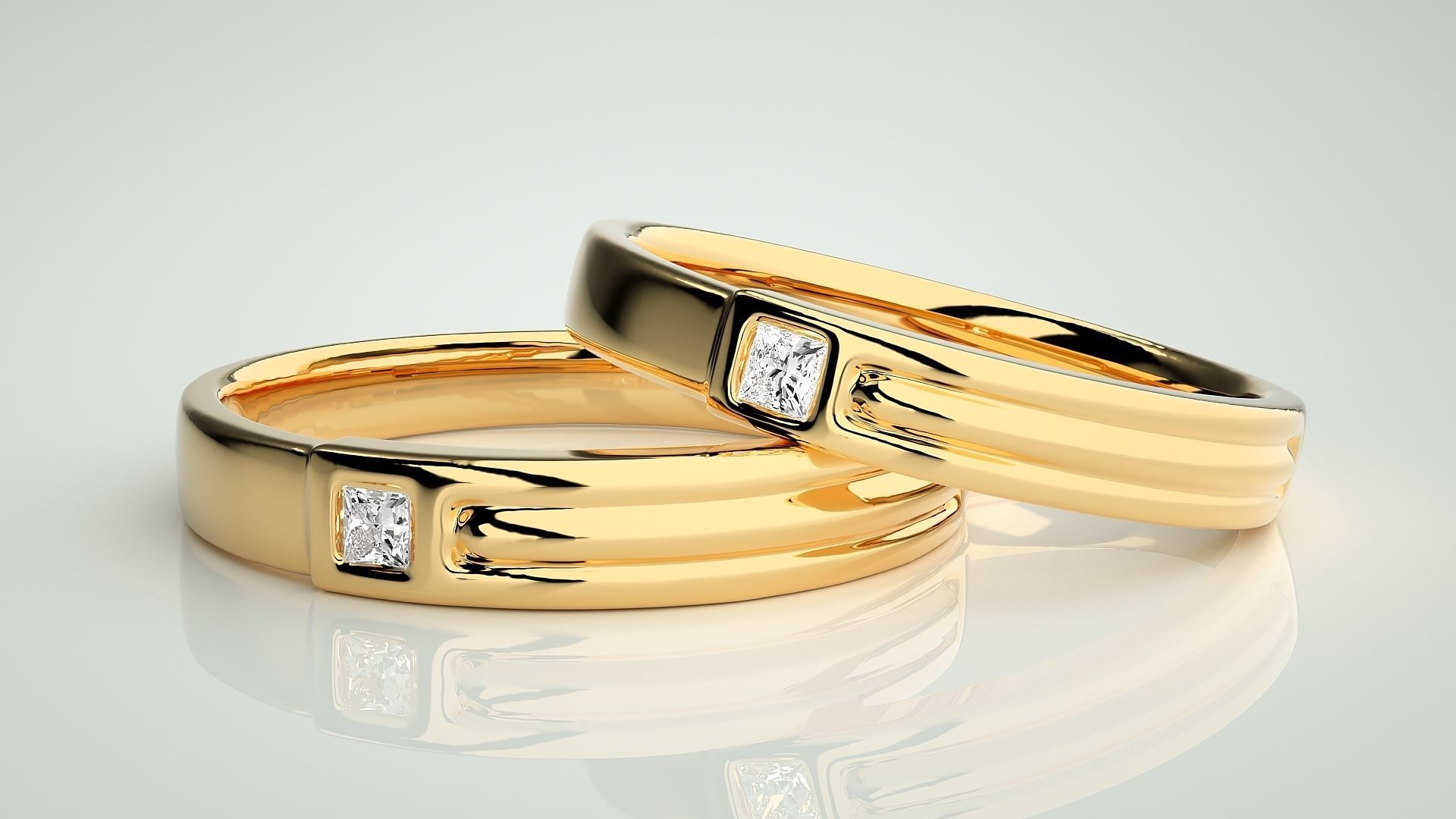 Princess Solitaire Couple Band Ring 3dm stl render detail 3D print model_9